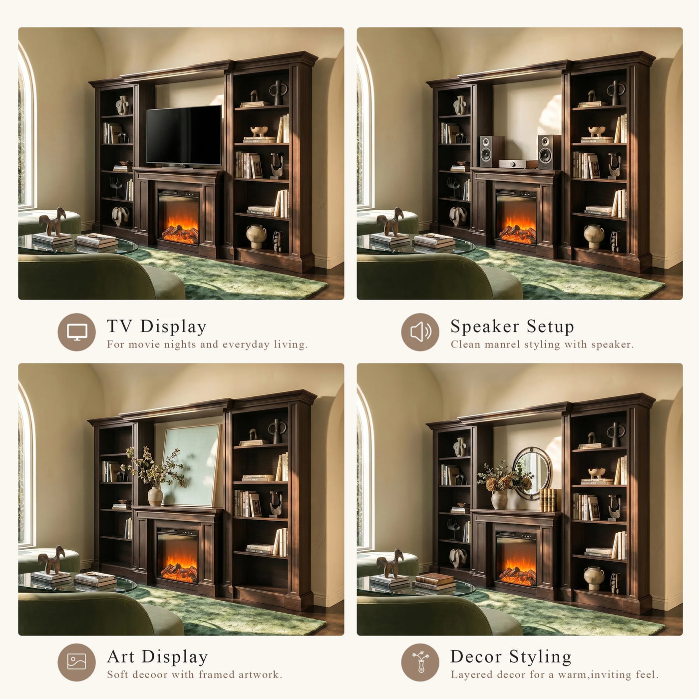 Traditional Entertainment Center with Built-In Electric Fireplace and Bookshelves-Brown