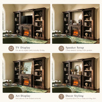 Traditional Entertainment Center with Built-In Electric Fireplace and Bookshelves-Brown