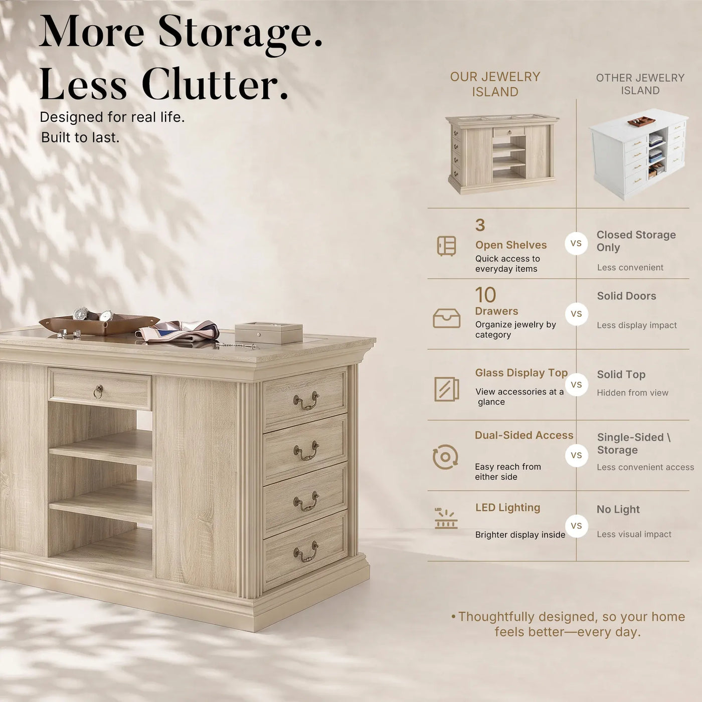 Jewelry Island with Drawers and Storage-Natural