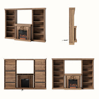 Walnut Entertainment Center with Built-In Electric Fireplace and 5-Tier Bookcases