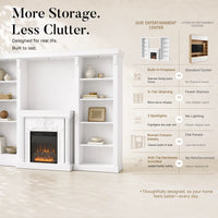 White Entertainment Center with Built-In Electric Fireplace and 5-Tier Bookcases