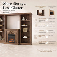 Walnut Entertainment Center with Built-In Electric Fireplace and 5-Tier Bookcases
