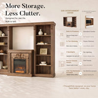 Walnut Entertainment Center with Built-In Electric Fireplace and 5-Tier Bookcases
