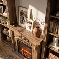 Walnut Entertainment Center with Built-In Electric Fireplace and 5-Tier Bookcases