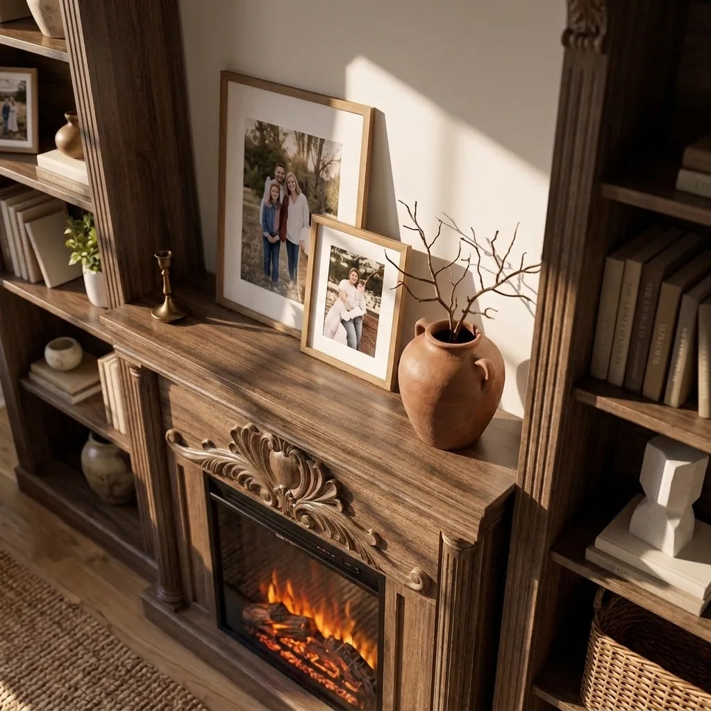 Walnut Entertainment Center with Built-In Electric Fireplace and 5-Tier Bookcases