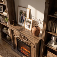 Walnut Entertainment Center with Built-In Electric Fireplace and 5-Tier Bookcases
