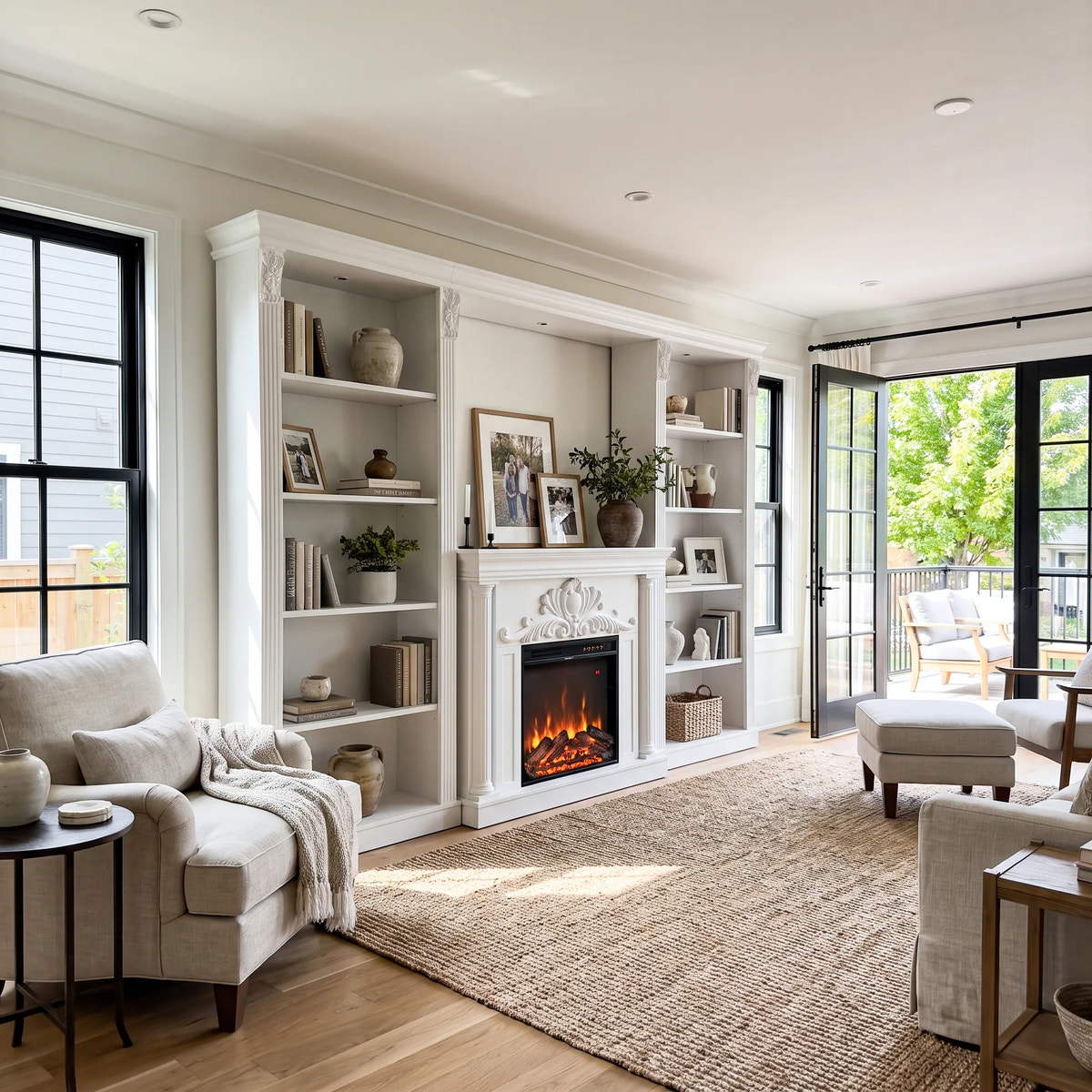 White Entertainment Center with Built-In Electric Fireplace and 5-Tier Bookcases