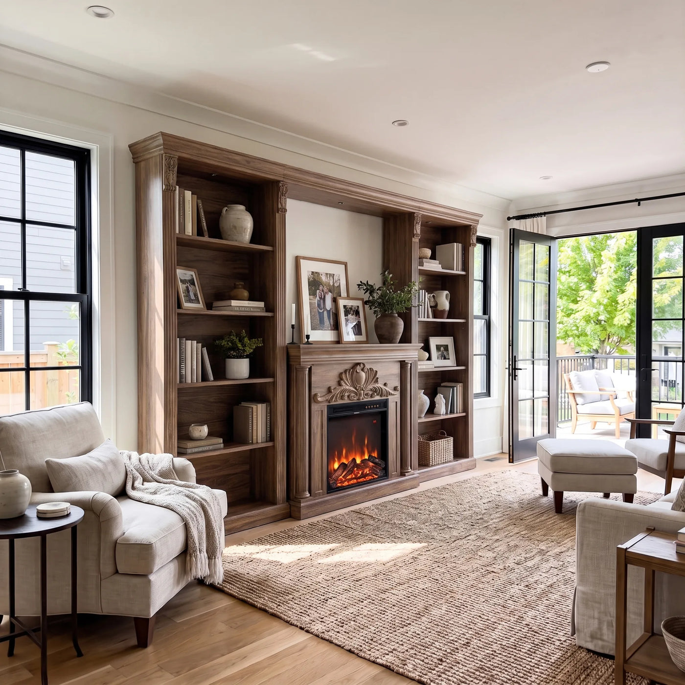 Walnut Entertainment Center with Built-In Electric Fireplace and 5-Tier Bookcases