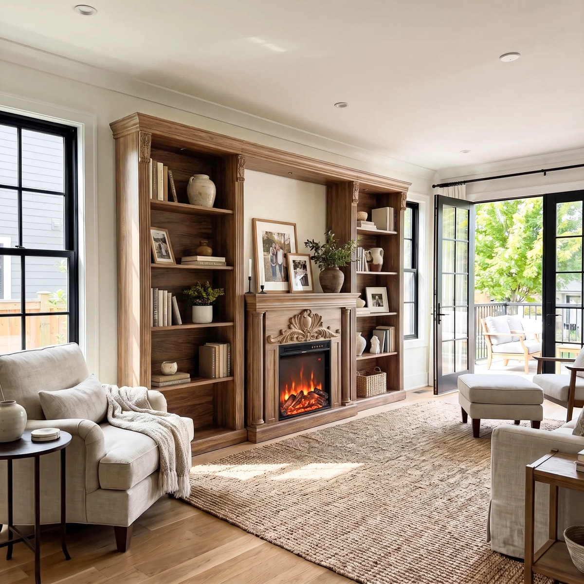 Walnut Entertainment Center with Built-In Electric Fireplace and 5-Tier Bookcases