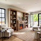 Walnut Entertainment Center with Built-In Electric Fireplace and 5-Tier Bookcases