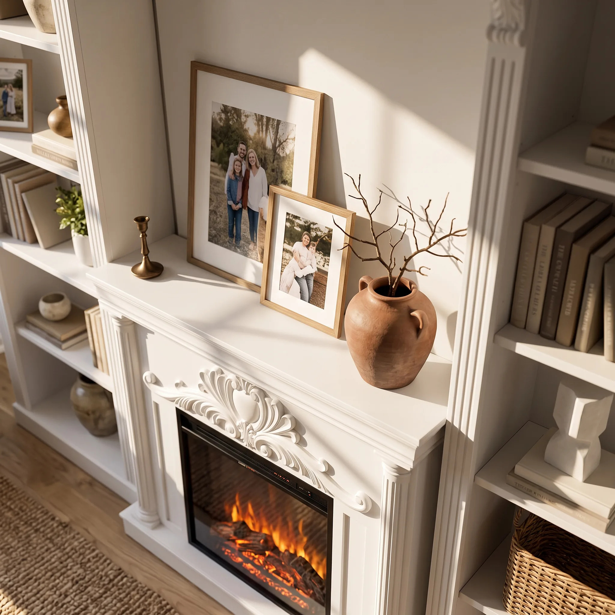 White Entertainment Center with Built-In Electric Fireplace and 5-Tier Bookcases