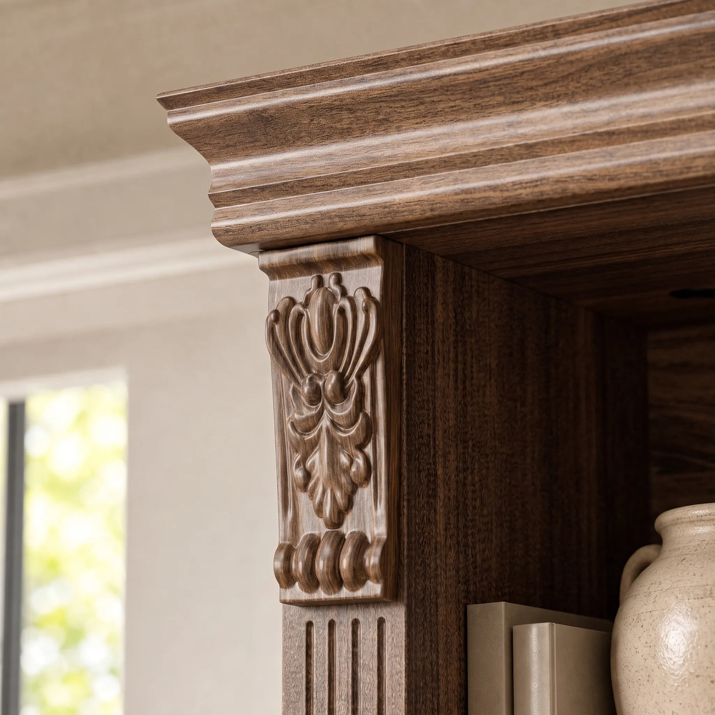 Walnut Entertainment Center with Built-In Electric Fireplace and 5-Tier Bookcases