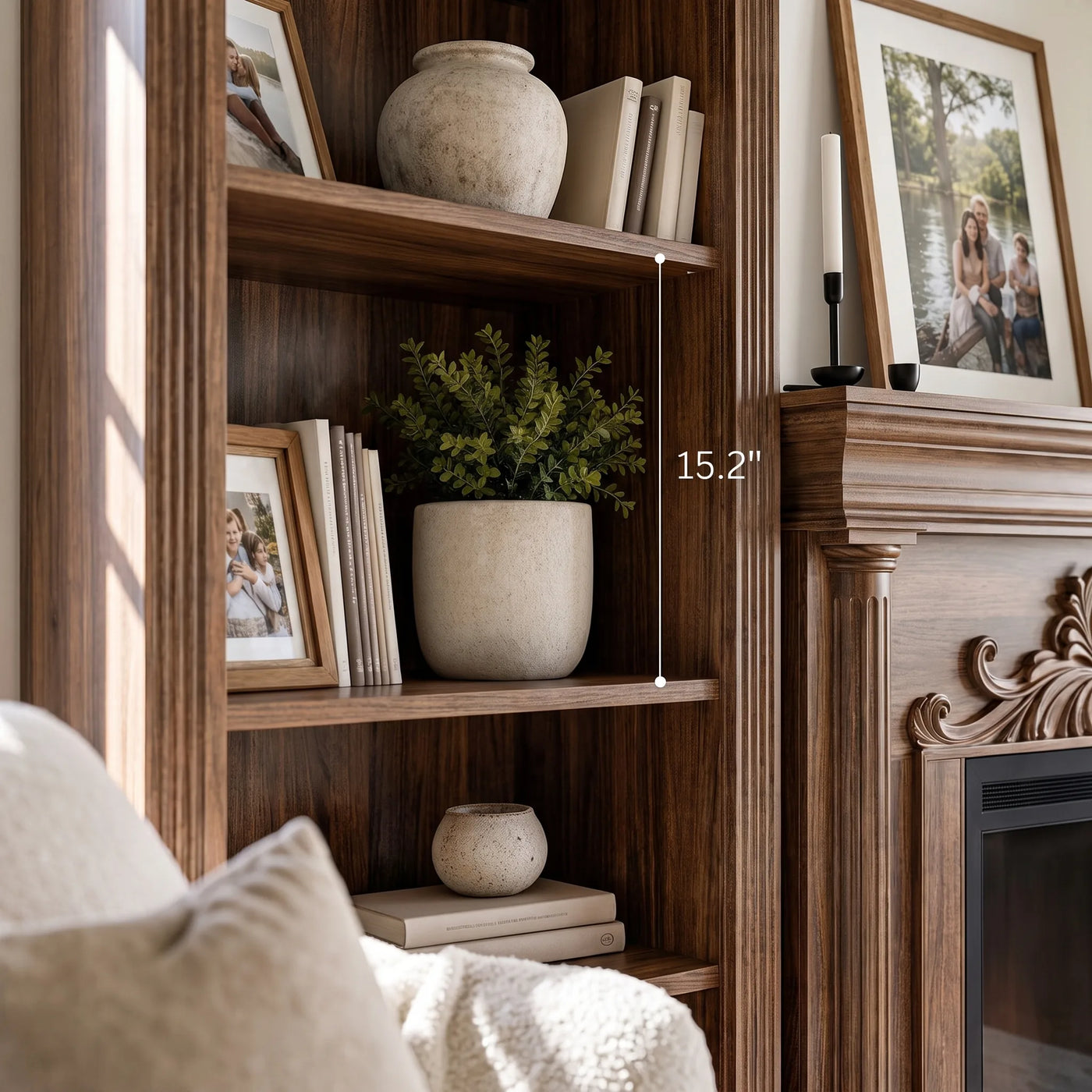Walnut Entertainment Center with Built-In Electric Fireplace and 5-Tier Bookcases