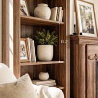 Walnut Entertainment Center with Built-In Electric Fireplace and 5-Tier Bookcases