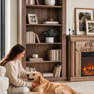 Walnut Entertainment Center with Built-In Electric Fireplace and 5-Tier Bookcases