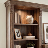 Walnut Entertainment Center with Built-In Electric Fireplace and 5-Tier Bookcases