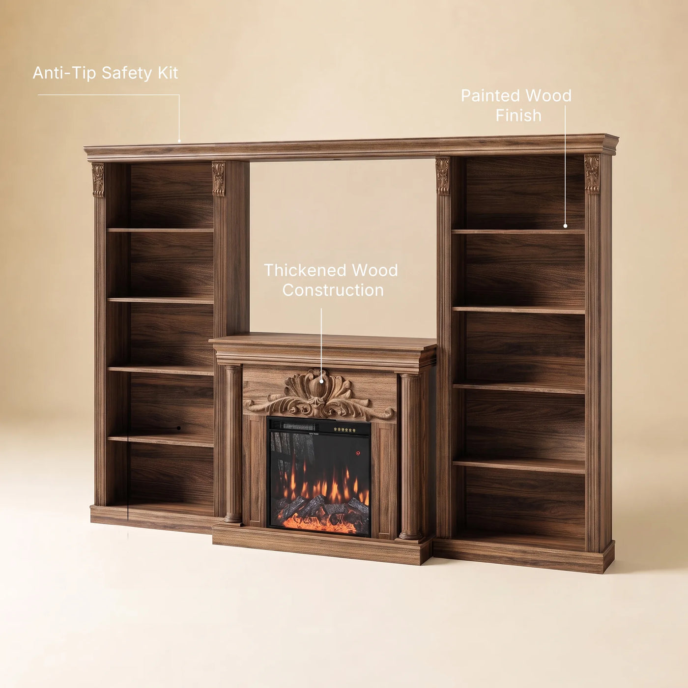 Walnut Entertainment Center with Built-In Electric Fireplace and 5-Tier Bookcases