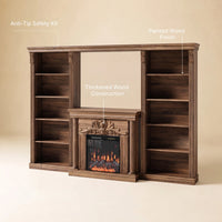 Walnut Entertainment Center with Built-In Electric Fireplace and 5-Tier Bookcases