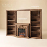 Walnut Entertainment Center with Built-In Electric Fireplace and 5-Tier Bookcases