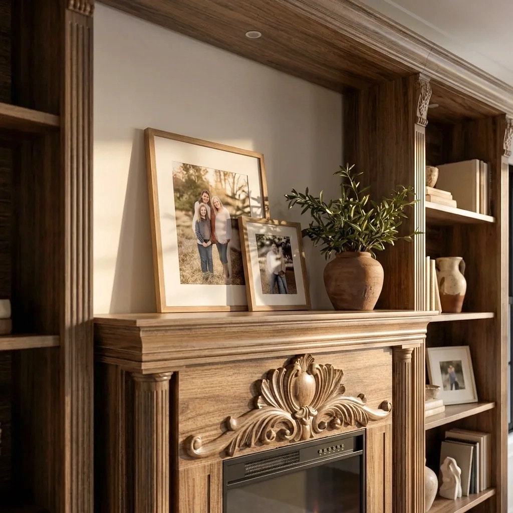 Walnut Entertainment Center with Built-In Electric Fireplace and 5-Tier Bookcases