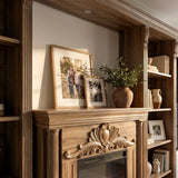 Walnut Entertainment Center with Built-In Electric Fireplace and 5-Tier Bookcases