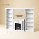 White Entertainment Center with Built-In Electric Fireplace and 5-Tier Bookcases