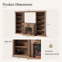 Walnut Entertainment Center with Built-In Electric Fireplace and 5-Tier Bookcases