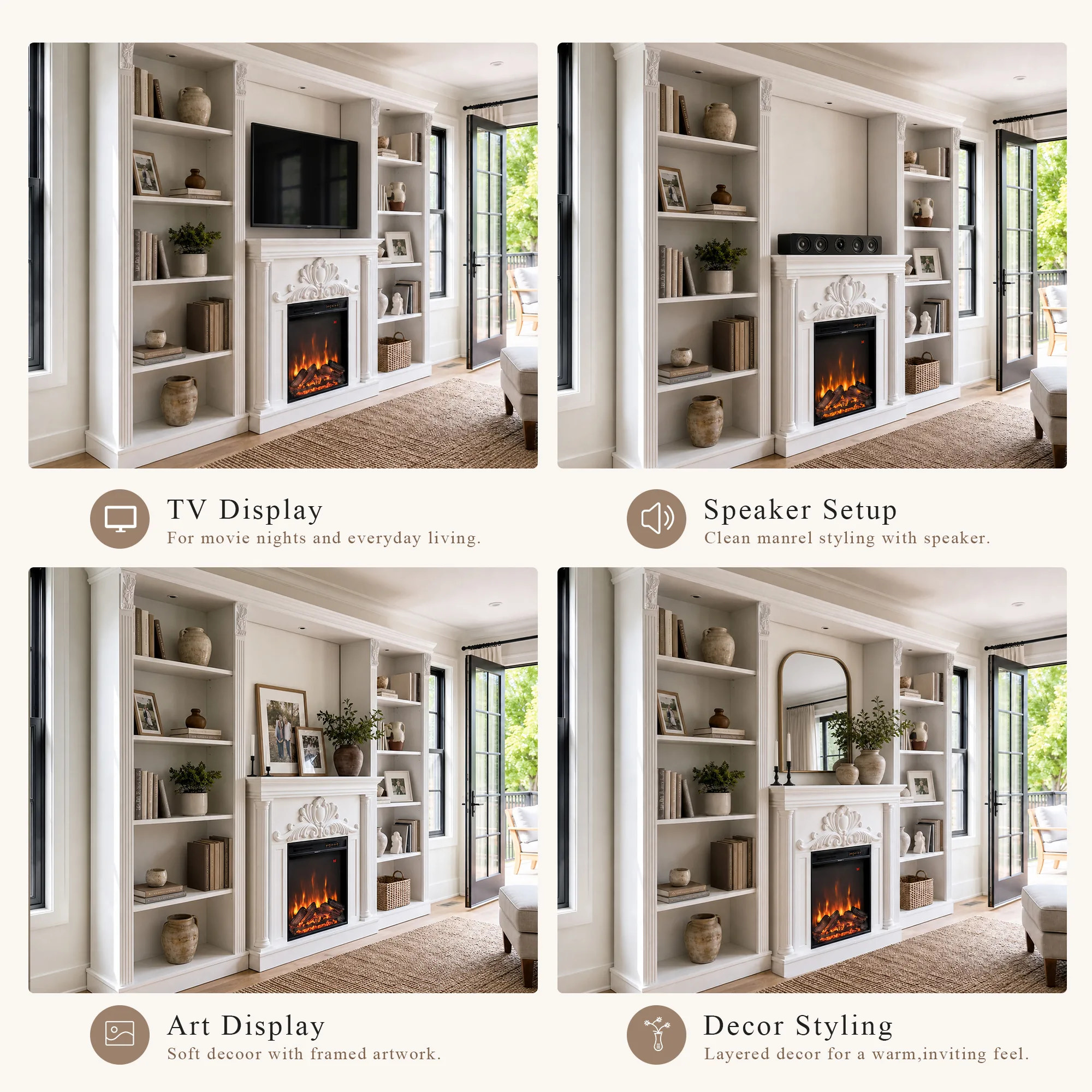 White Entertainment Center with Built-In Electric Fireplace and 5-Tier Bookcases