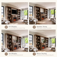 Walnut Entertainment Center with Built-In Electric Fireplace and 5-Tier Bookcases