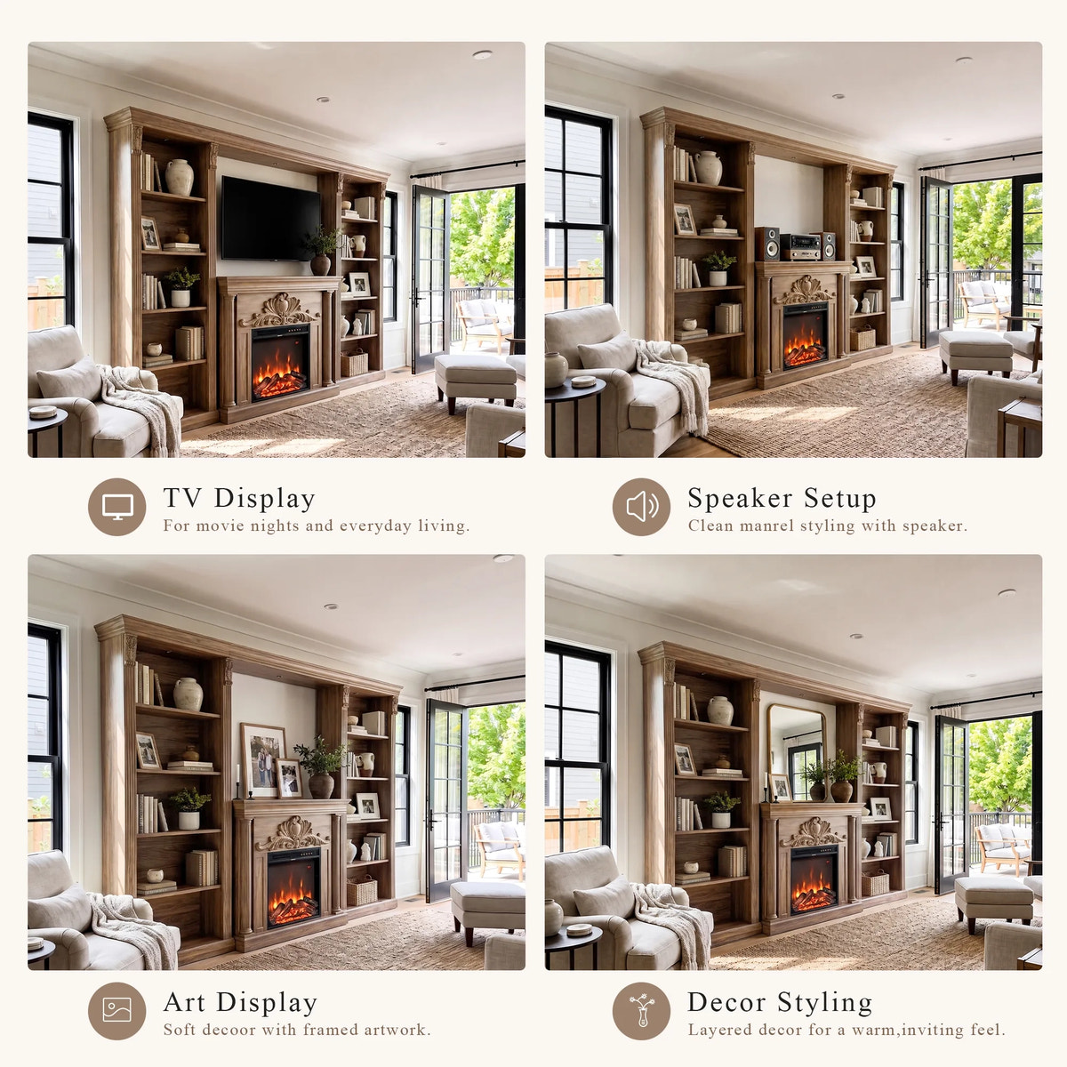 Walnut Entertainment Center with Built-In Electric Fireplace and 5-Tier Bookcases