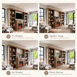 Walnut Entertainment Center with Built-In Electric Fireplace and 5-Tier Bookcases