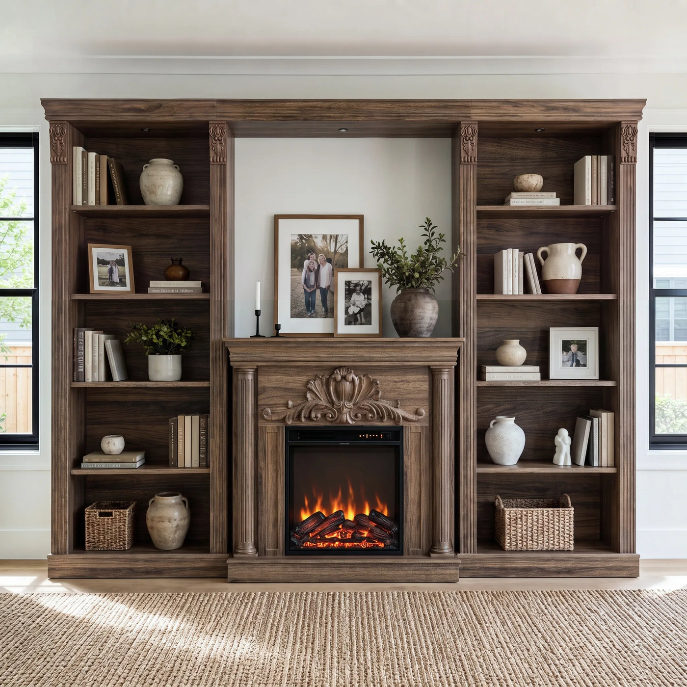Walnut Entertainment Center with Built-In Electric Fireplace and 5-Tier Bookcases