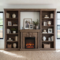Walnut Entertainment Center with Built-In Electric Fireplace and 5-Tier Bookcases