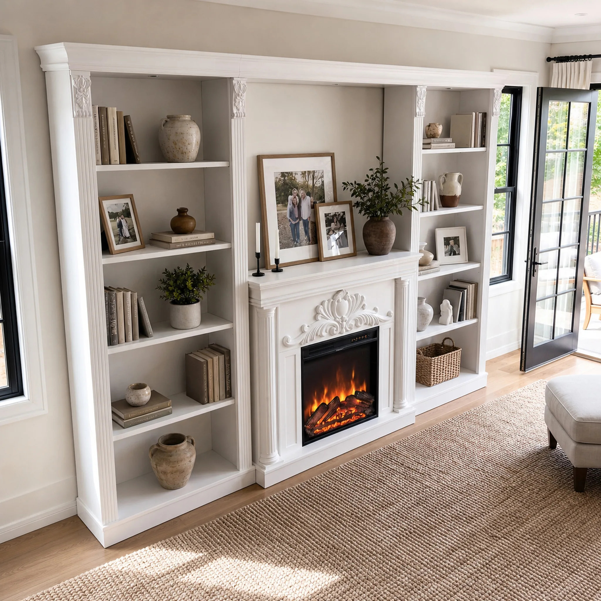 White Entertainment Center with Built-In Electric Fireplace and 5-Tier Bookcases