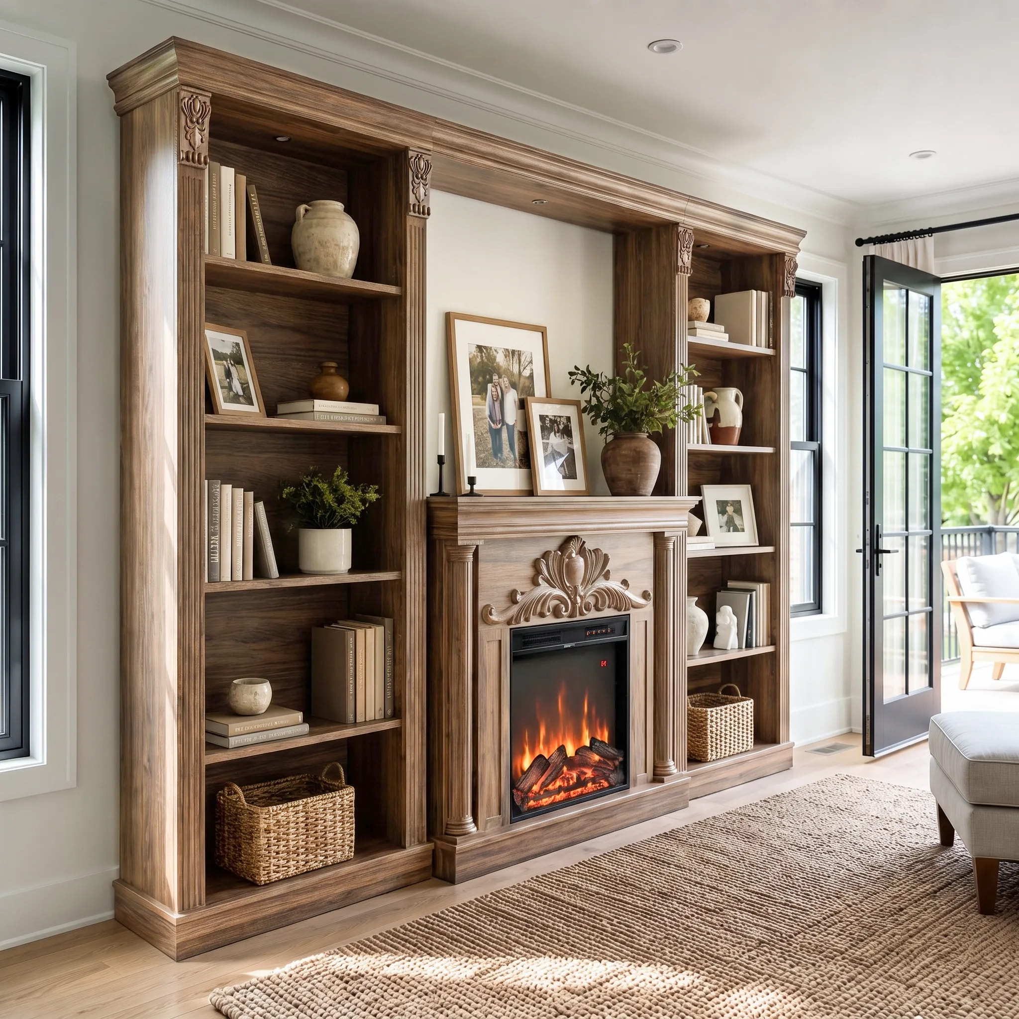 Walnut Entertainment Center with Built-In Electric Fireplace and 5-Tier Bookcases