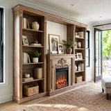 Walnut Entertainment Center with Built-In Electric Fireplace and 5-Tier Bookcases