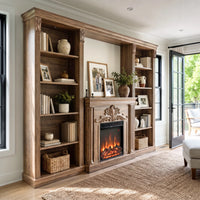Walnut Entertainment Center with Built-In Electric Fireplace and 5-Tier Bookcases