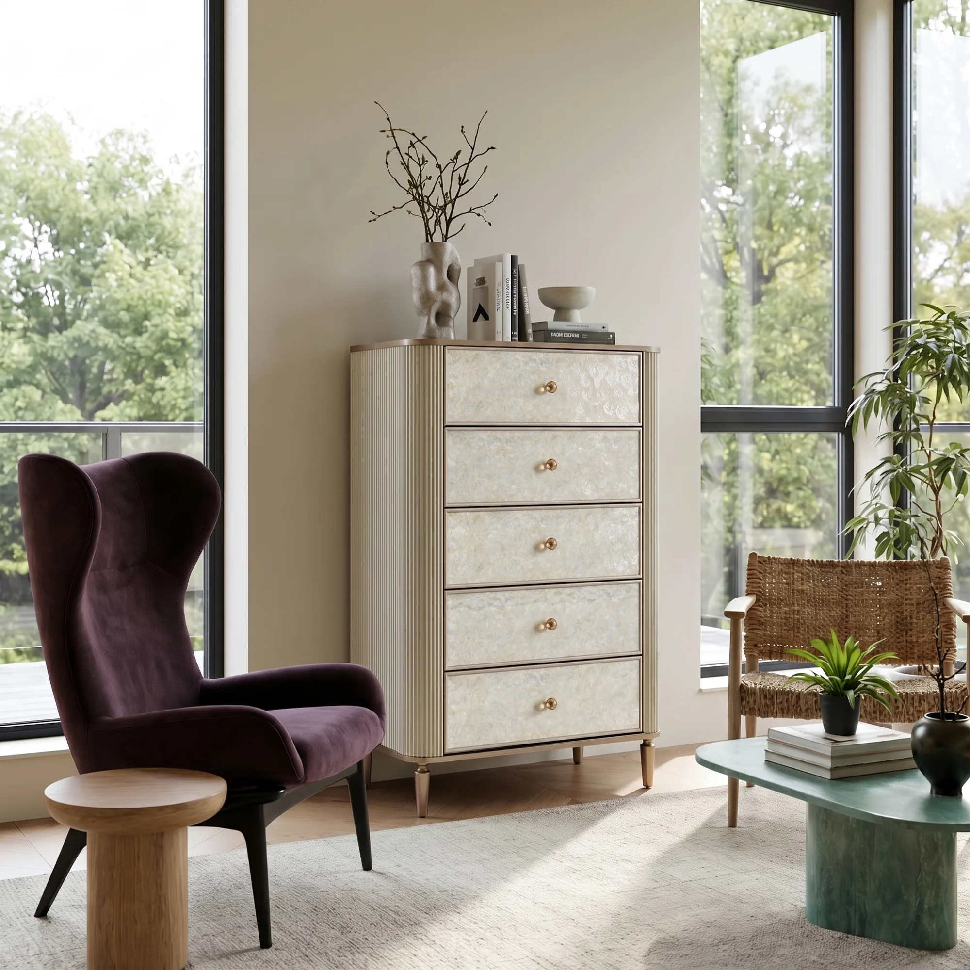 Nacre 5-Drawer Chest with Marble-Style Top