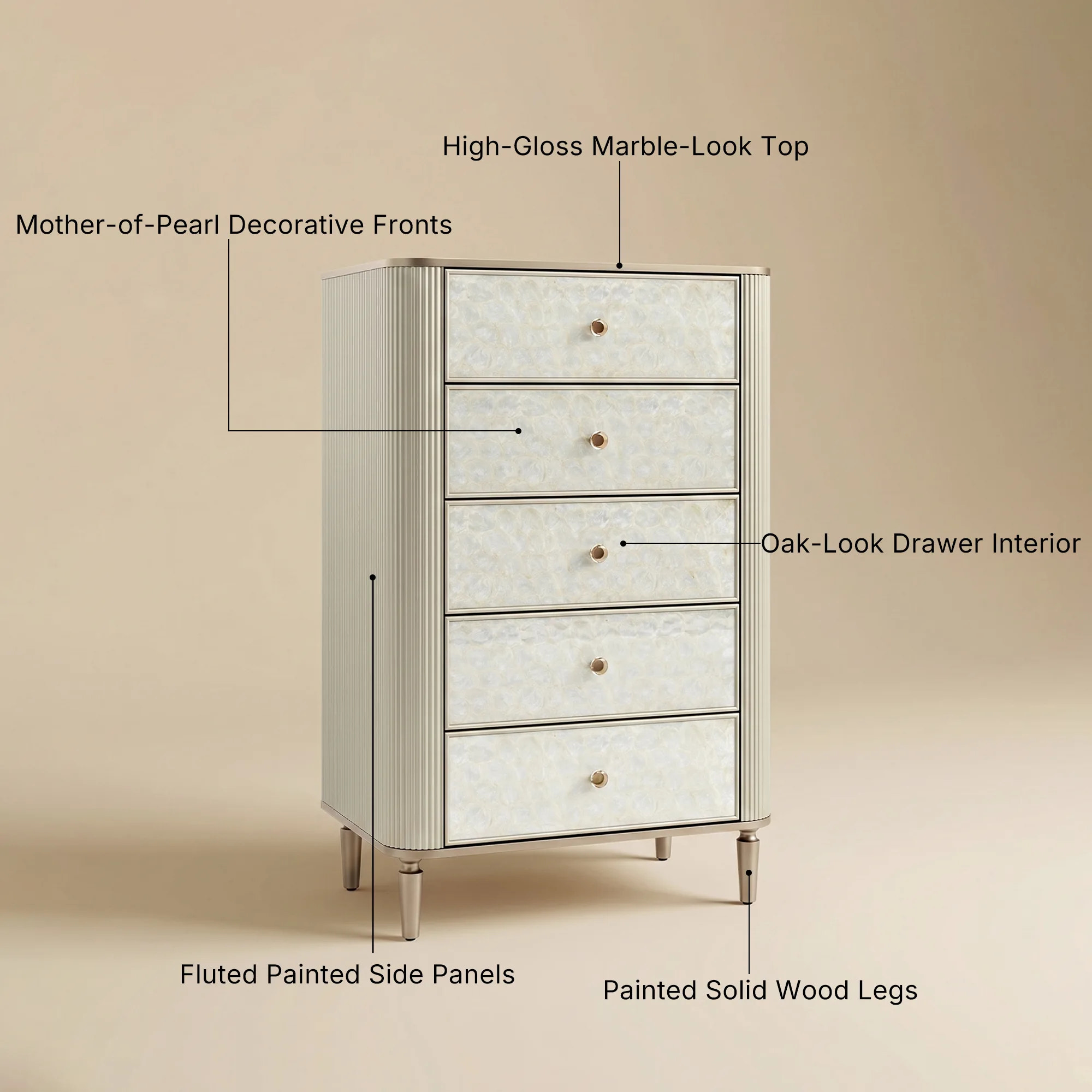 Nacre 5-Drawer Chest with Marble-Style Top