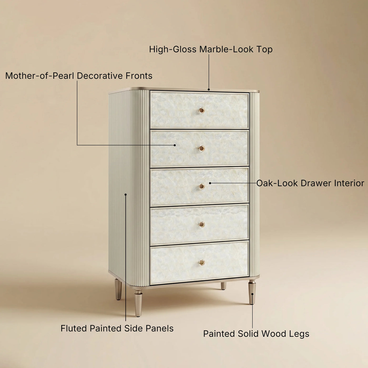 Nacre 5-Drawer Chest with Marble-Style Top