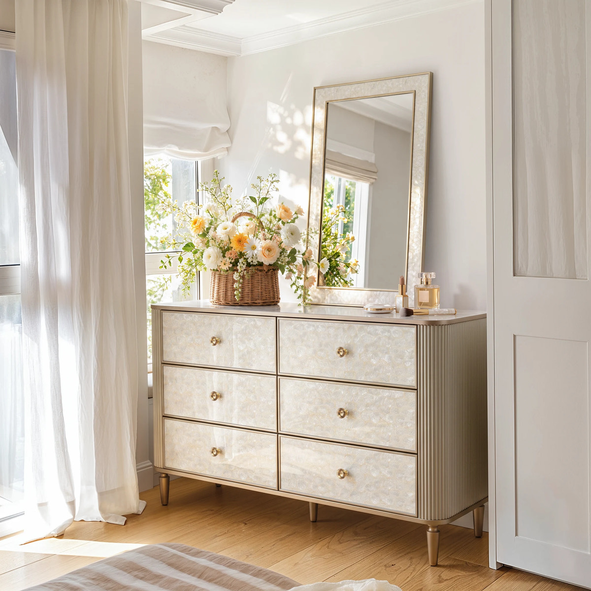 Nacre Mother-of-Pearl Inspired Dresser & Mirror Set