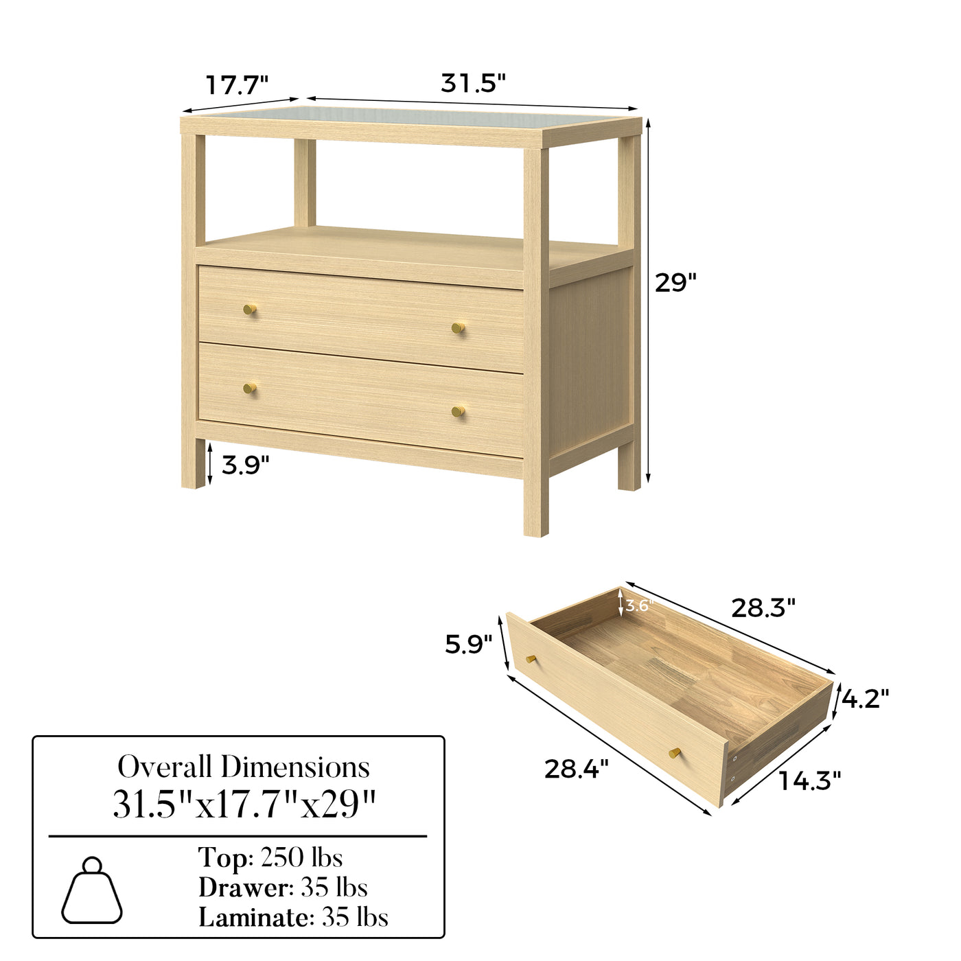 2-Drawer Nightstand with Glass Top