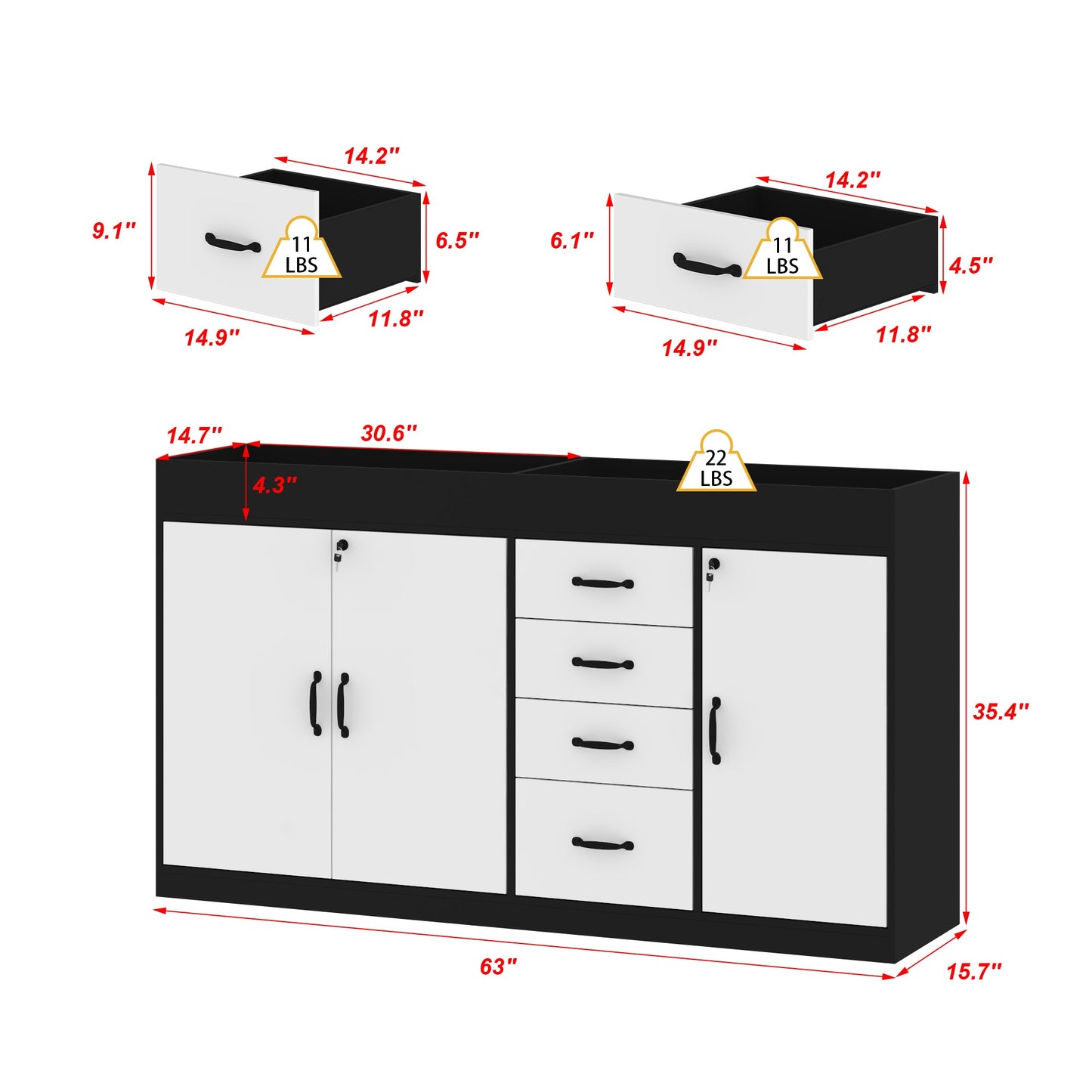 35.4'' H X 63 '' W 4-Drawer Office Storage Cabinet With Adjustable Shelfs And Lock