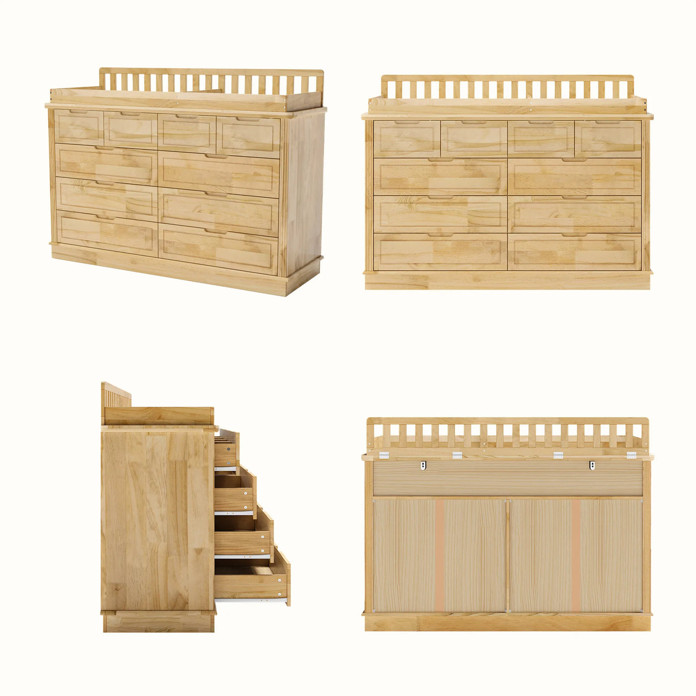 Solid Wood Changing Table with Drawers and Handle-Free Design-Natural