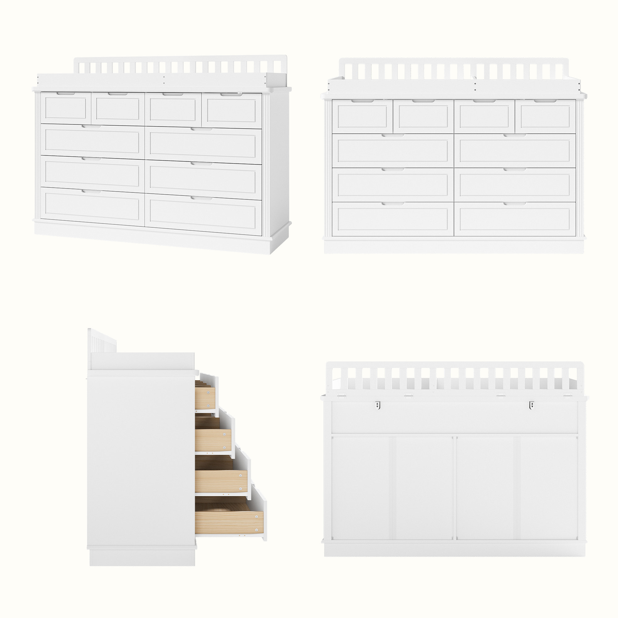 Solid Wood Changing Table with Drawers and Handle-Free Design-Natural-White