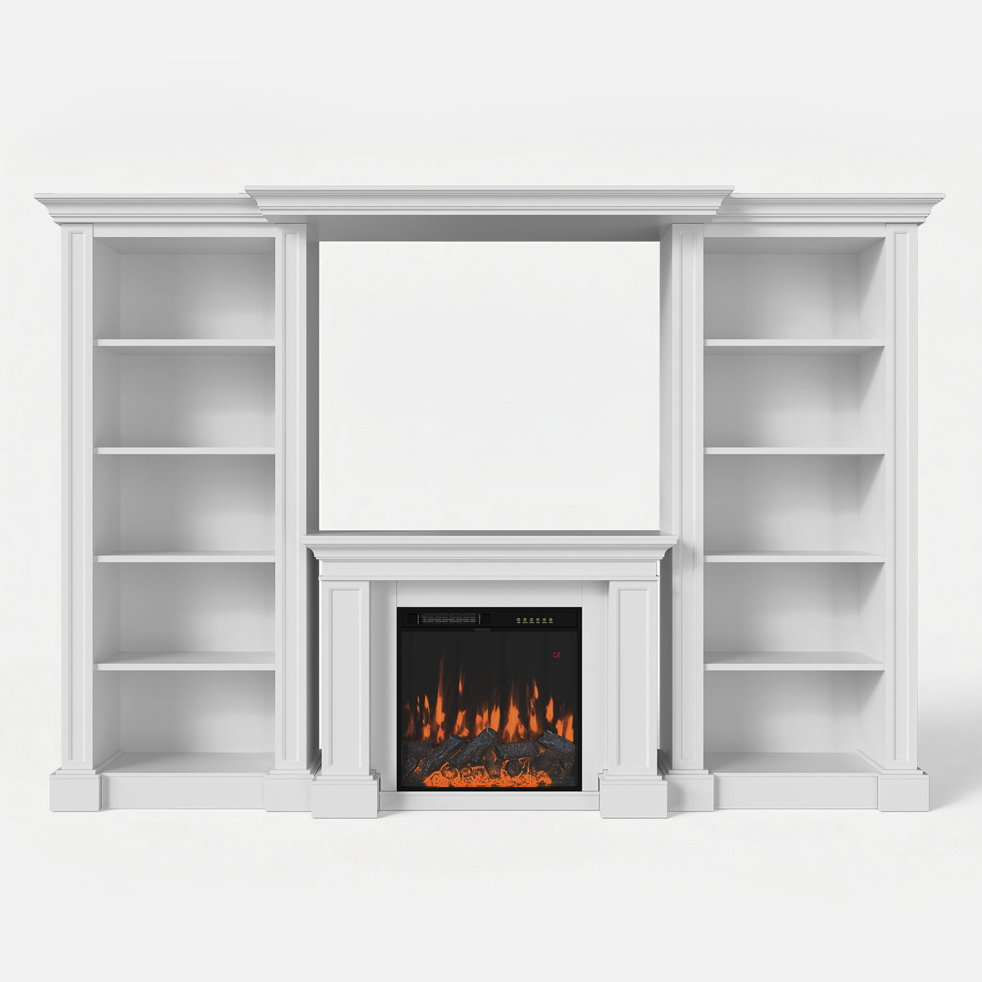 Traditional Entertainment Center with Built-In Electric Fireplace and Bookshelves-White