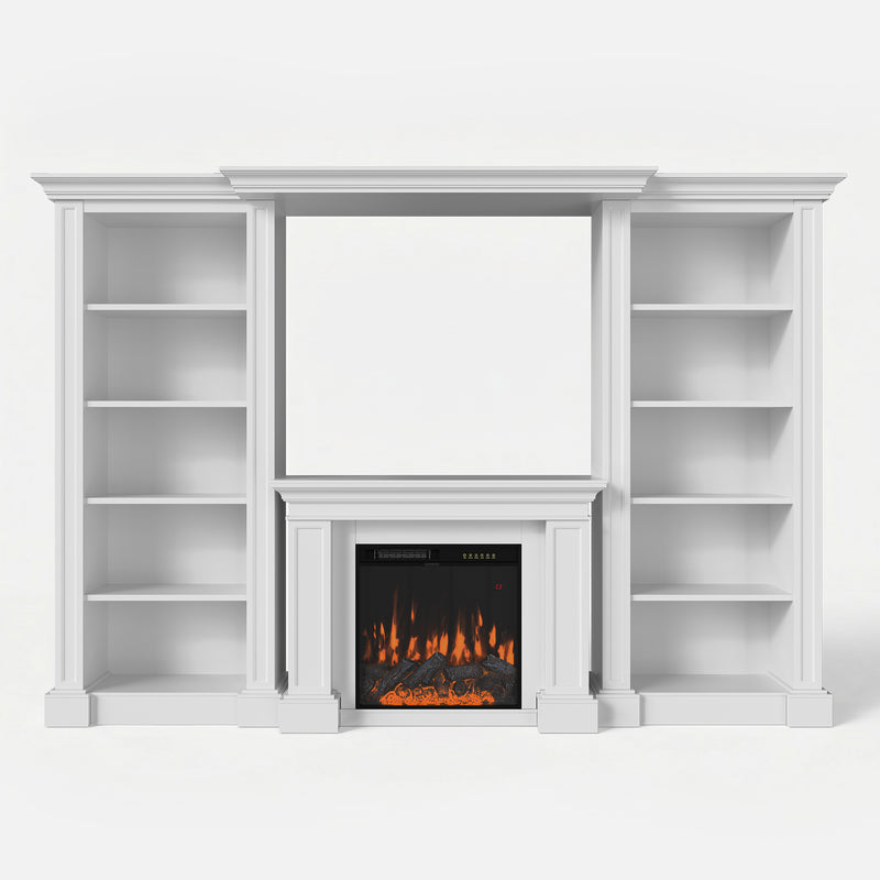 Traditional Entertainment Center with Built-In Electric Fireplace and Bookshelves-White