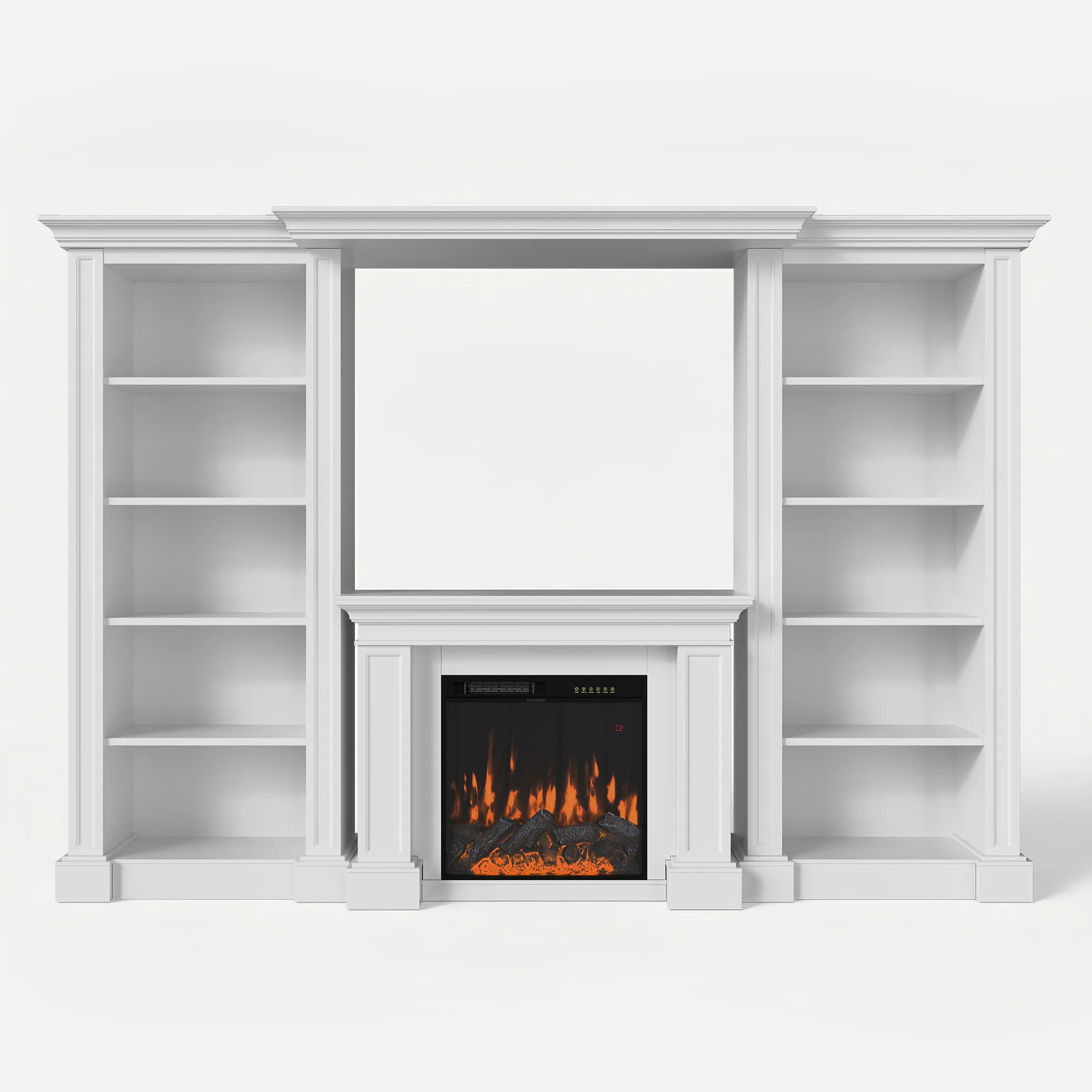 Traditional Entertainment Center with Built-In Electric Fireplace and Bookshelves-White