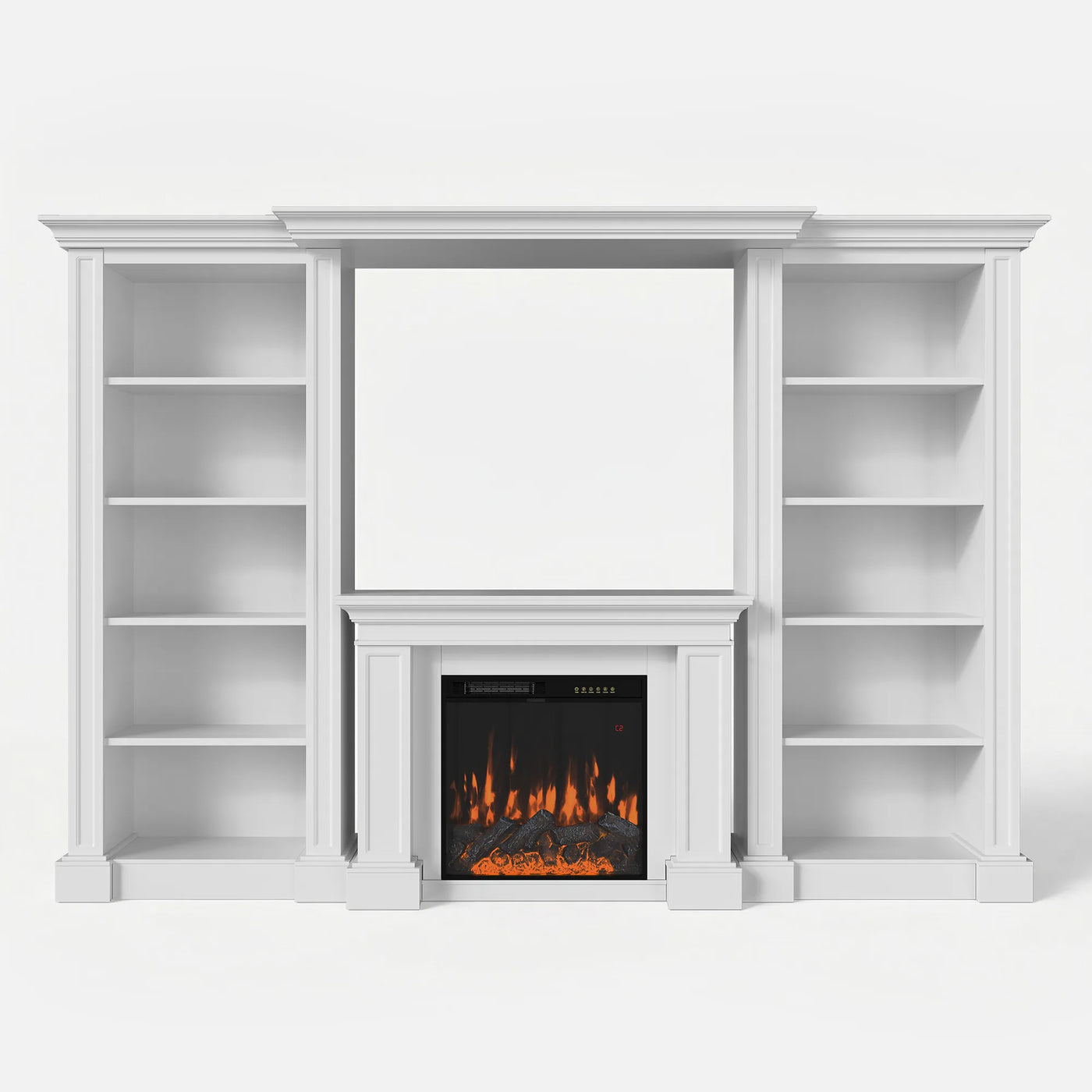 Traditional Entertainment Center with Built-In Electric Fireplace and Bookshelves-White