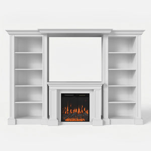 Traditional Entertainment Center with Built-In Electric Fireplace and Bookshelves-White